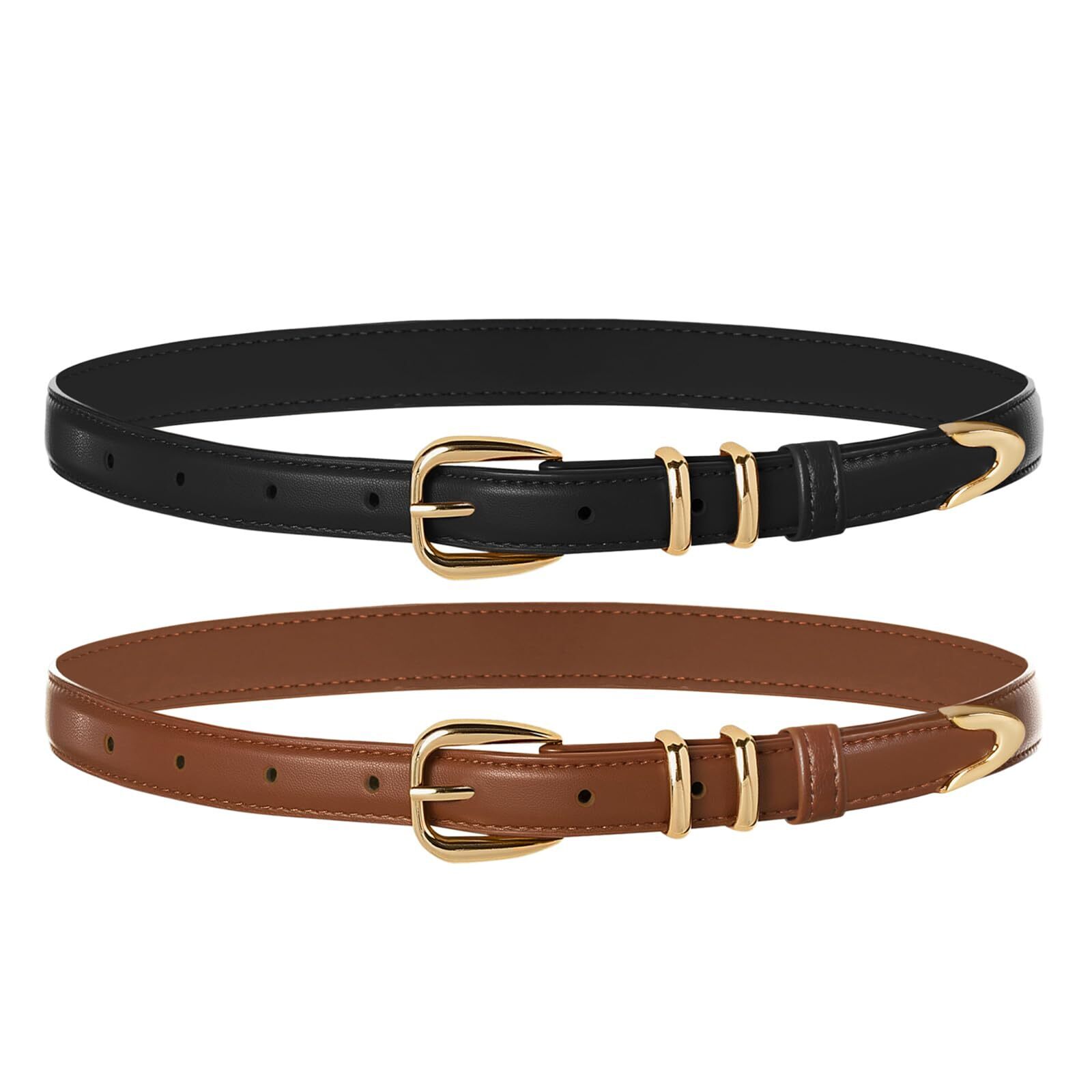 7373 2 Pack Skinny Leather Black Belt Women For Jeans Pants Dress Thin